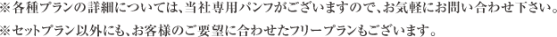 ※各種プランの詳細については、当社専用パンフがございますので、お気軽にお問い合わせ下さい。